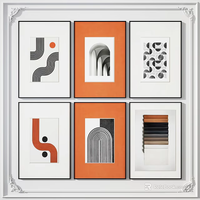 Abstract Geometric Wall Art Collection with Orange Framed Black White Designs 3d model