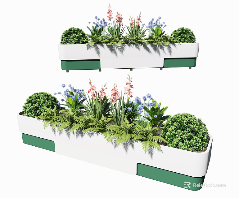 White Flower Planters With Green Accents Holding Various Red Blue Blooms Bushes And Ferns 3d model 