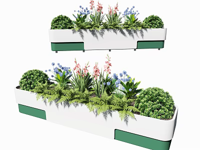 White Flower Planters With Green Accents Holding Various Red Blue Blooms Bushes And Ferns 3d model