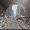 Urban Architecture View Through Old Brick Archway With Rubble Street And Background Tall Buildings