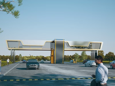 Modern Entrance Gate Design With Golden Accents And Cars In Open Parking Area 3d model