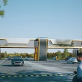 Modern Entrance Gate Design With Golden Accents And Cars In Open Parking Area