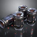 Four Black Cylindrical Metallic Weapon Cartridges With Red Small Lights 3d model
