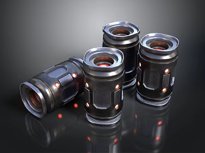 Four Black Cylindrical Metallic Weapon Cartridges With Red Small Lights 3d model