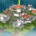 Ancient Castle Architecture Featuring Walls Towers Red Roofs Green Lawn And Rainy View