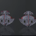 Red And Gray Symmetrical Spacecraft Design With Bottom Engines And Surface Details