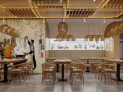 Traditional Rice Noodle Restaurant Interior With Murals And Wooden Furniture 3d model
