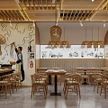 Traditional Rice Noodle Restaurant Interior With Murals And Wooden Furniture