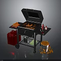 Grilled Sausages and Carrot Sticks on Outdoor BBQ Grill with Condiment Bottles and Snack Bucket