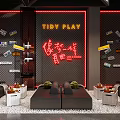 Harley Davidson Bar Interior With Motorcycle On Circular Platform Pool Table And Merchandise Shelves