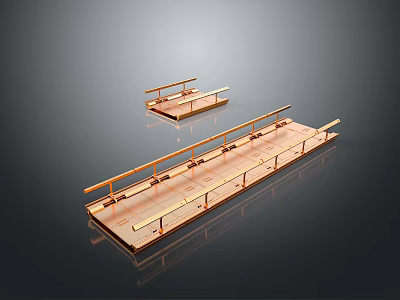 Copper Metal Structures Featuring Long Bases and Horizontal Railings on Black Reflective Background 3d model