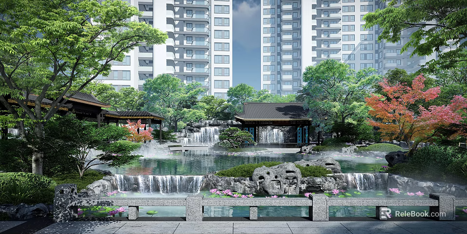 Scenic Garden Landscape With Pond Waterfall Rock Formations Pavilion And Green Trees 3d model 