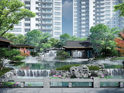 Scenic Garden Landscape With Pond Waterfall Rock Formations Pavilion And Green Trees 3d model