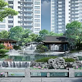 Scenic Garden Landscape With Pond Waterfall Rock Formations Pavilion And Green Trees