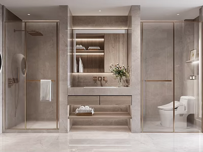 Elegant Modern Bathroom Interior With Marble Countertop Large Mirror Shower Enclosure And Toilet 3d model