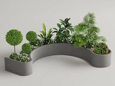 Beautiful Flowers And Plants In Curved Concrete Planter With Spherical Shrubs Palm Leaves White Blooms 3d model