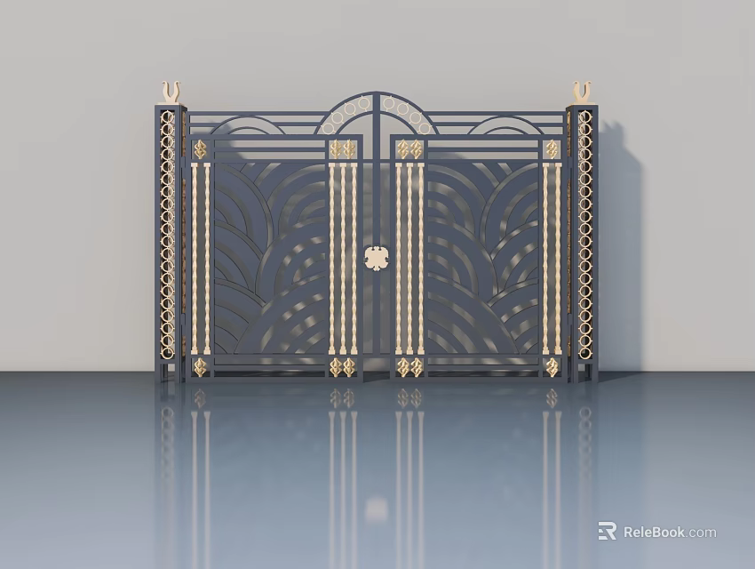 Elegant Swing Door Featuring Gold Accents Symmetrical Design And Geometric Patterns 3d model 