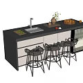 Modern Bar Counter Featuring Black Countertop White Cabinets Wine Rack Stools Fruit Basket and Plant