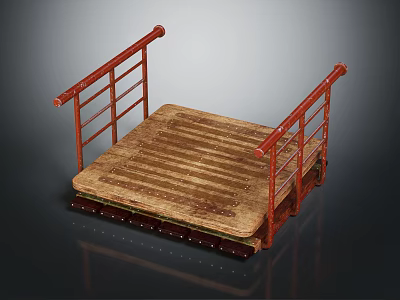 Elegant Wooden Platform Furniture With Red Decorative Railings And Solid Wood Material 3d model