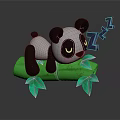 Panda Doll Sleeping Lying On Green Bamboo Leaves With Blue Zzz Symbols
