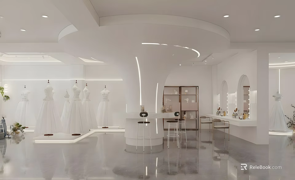 Elegant White Bridal Shop Interior With Wedding Dresses And Mirrored 3d model 