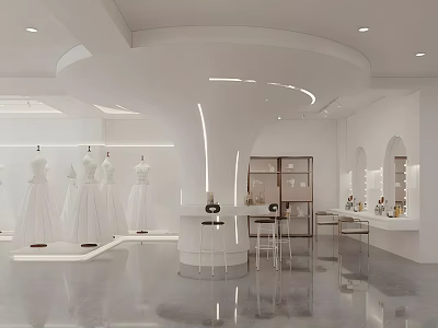 Elegant White Bridal Shop Interior With Wedding Dresses And Mirrored 3d model