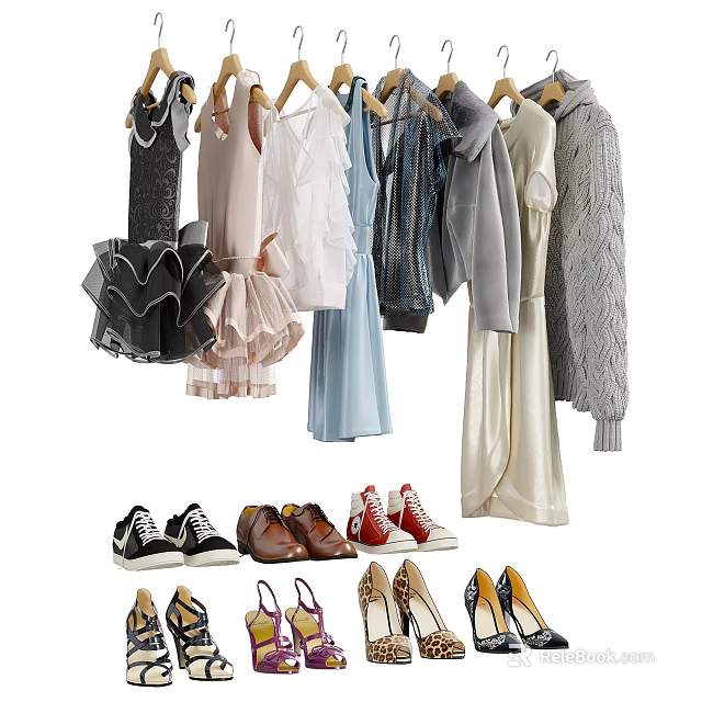 Fashionable Clothes Collection Featuring Dresses Coats Sweaters and Matching Shoes Including Sneakers Heels 3d model 