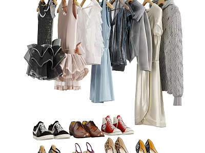 Fashionable Clothes Collection Featuring Dresses Coats Sweaters and Matching Shoes Including Sneakers Heels 3d model