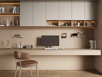 Modern Home Office Desk With Grey Cabinets Perforated Wall Panel Computer Monitor And Brown Chair 3d model