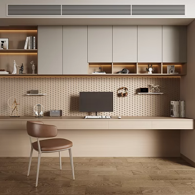 Modern Home Office Desk With Grey Cabinets Perforated Wall Panel Computer Monitor And Brown Chair 3d model