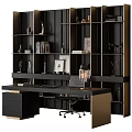 Modern Office Desk Workspace With Dark Wooden Shelves Books Sculptures And Framed