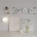 Modern Decorative Ornament Combination with Wall Lamp Transparent Board Notes Cat Frame Vase White Flowers