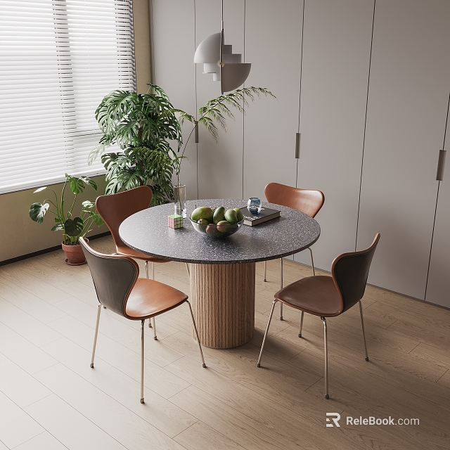 Modern Round Dining Table Set with Leather Chairs and Indoor Plants in Bright Room 3d model 
