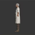 Elderly Man In White Long Coat Blue T-shirt And Brown Pants With Arms Outstretched