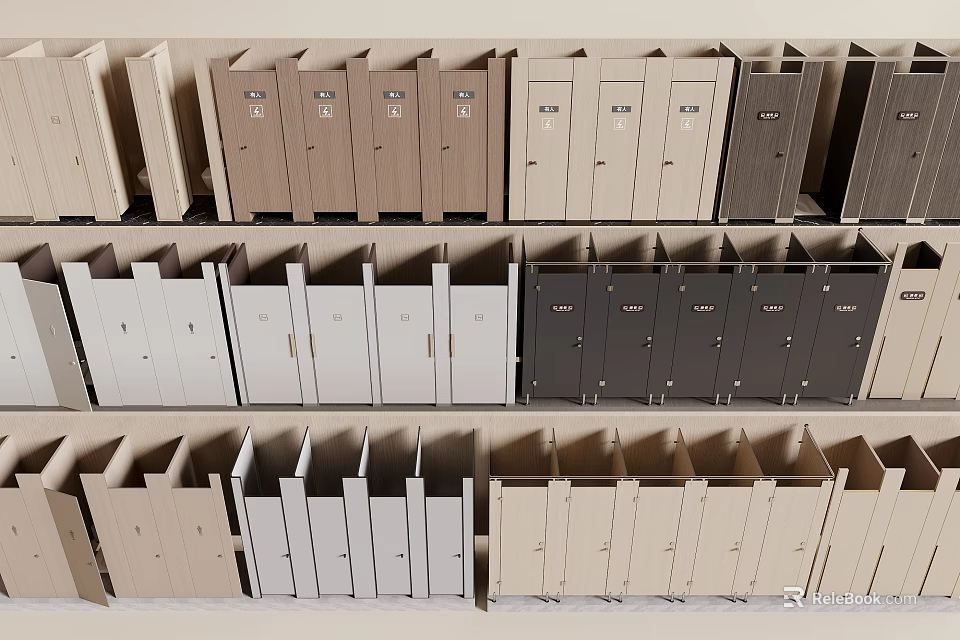 Public Restroom Stall Designs With Various Colored Doors And Multiple Styles 3d model