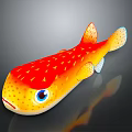Vibrant Red And Yellow Pufferfish With Blue Eyes And Red Spots On Smooth Body