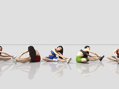 Women Performing Stretching In Various Poses On White Background With Reflective Floor 3d model