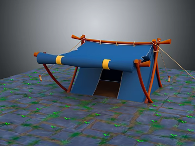 Blue Canvas Tent With Orange Wooden Poles Standing On Stone Ground With Green Plants 3d model
