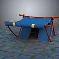 Blue Canvas Tent With Orange Wooden Poles Standing On Stone Ground With Green Plants