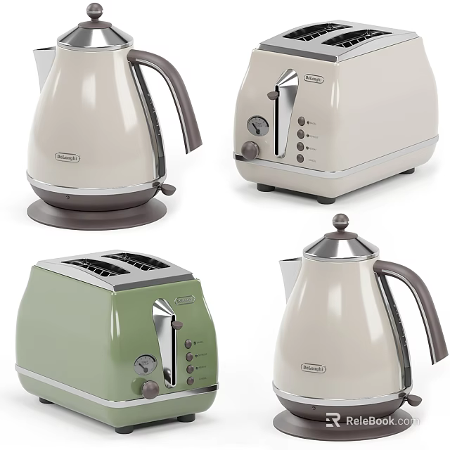 Delonghi Cream And Green Retro Kitchen Appliances Including Toasters And Kettles For Modern Home 3d model 