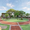 Park Landscape With Lush Trees Bamboo Stone Pathway Green Lawn Seating And Modern Building Backdrop