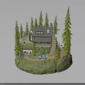 Log Cabin Architecture Surrounded By Pine Trees With Driveway And Cars On Rocky Base