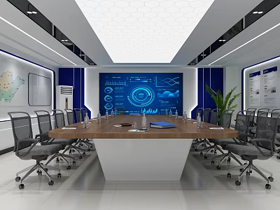 Modern Monitoring Room with Large Screen Conference Table Ergonomic Chairs Wall Map and Green Plant 3d model