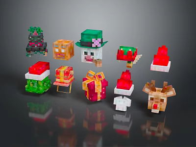 Pixel Style Christmas Themed Decorative Items Including Tree Gift Boxes Hats And Reindeer 3d model