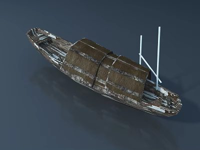 Weathered Wooden Boat With Rustic Structure Canvas Cover And White Masts 3d model