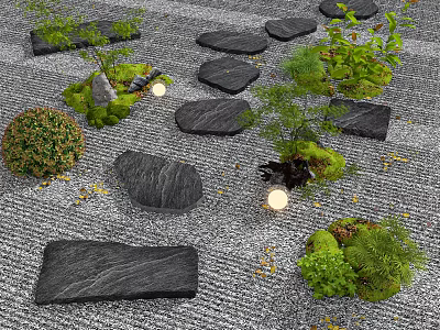 Serene Zen Rock Garden With Stone Paths Moss Plants Lanterns And Fallen Leaves 3d model