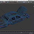 Old Blue Rusty Car With Open Hood And Doors On Dark Background