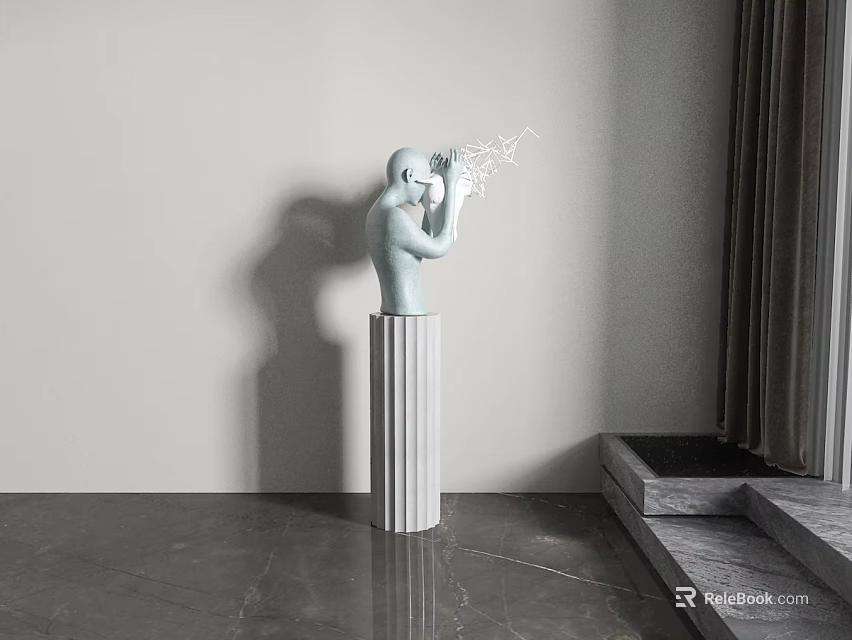 White Doll Standing On Decorative Column With Light Effect In Modern Interior 3d model