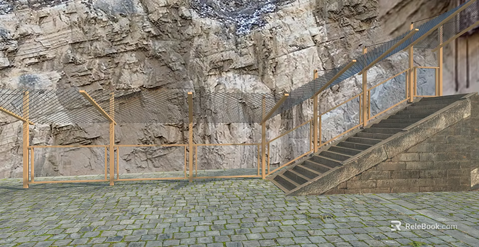 Scenic Service Area Exterior With Rock Wall Wooden Railings Mesh Barriers And Stone Steps 3d model 