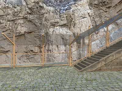 Scenic Service Area Exterior With Rock Wall Wooden Railings Mesh Barriers And Stone Steps 3d model
